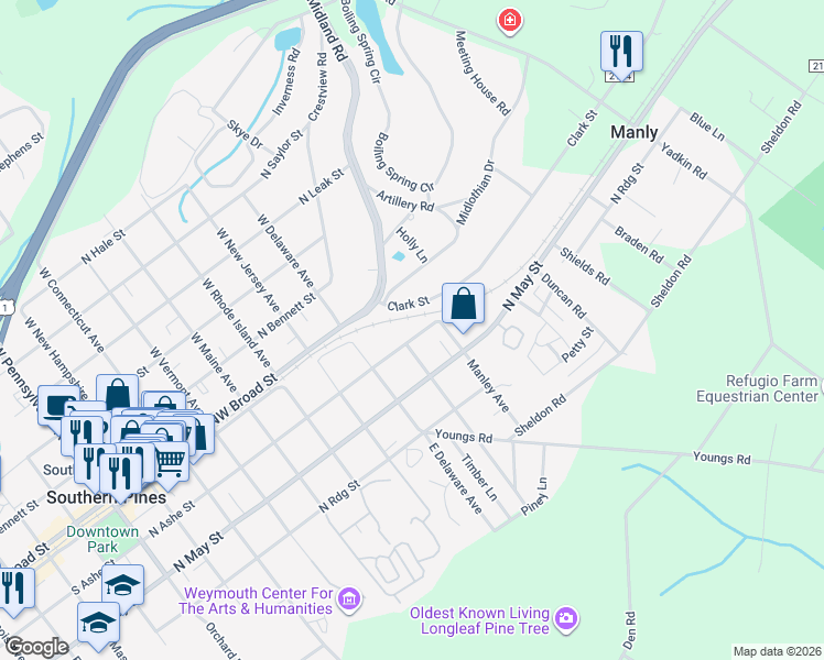 map of restaurants, bars, coffee shops, grocery stores, and more near 920 North Ashe Street in Southern Pines