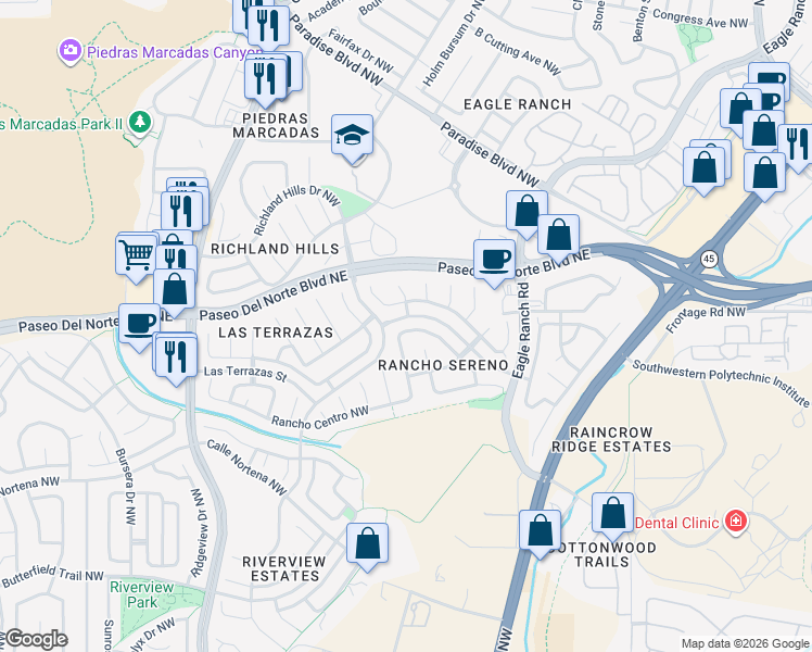 map of restaurants, bars, coffee shops, grocery stores, and more near 8312 Rancho Paraiso Northwest in Albuquerque