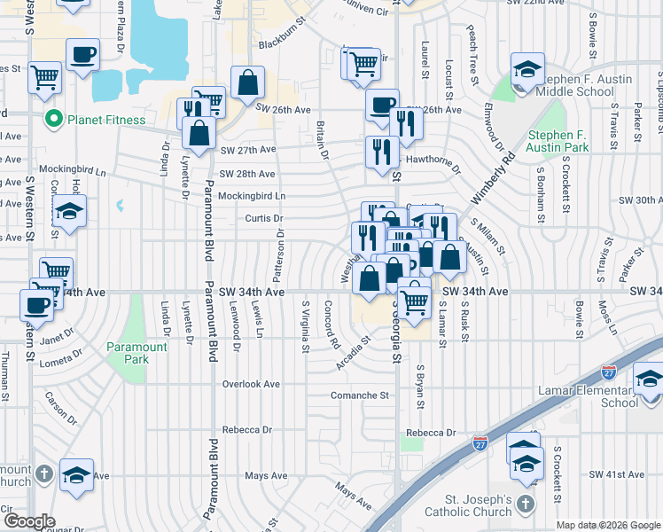 map of restaurants, bars, coffee shops, grocery stores, and more near 2807 Duncan Drive in Amarillo