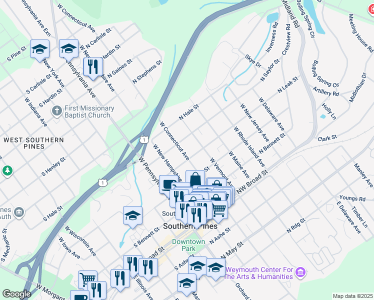 map of restaurants, bars, coffee shops, grocery stores, and more near 435 West Connecticut Avenue in Southern Pines