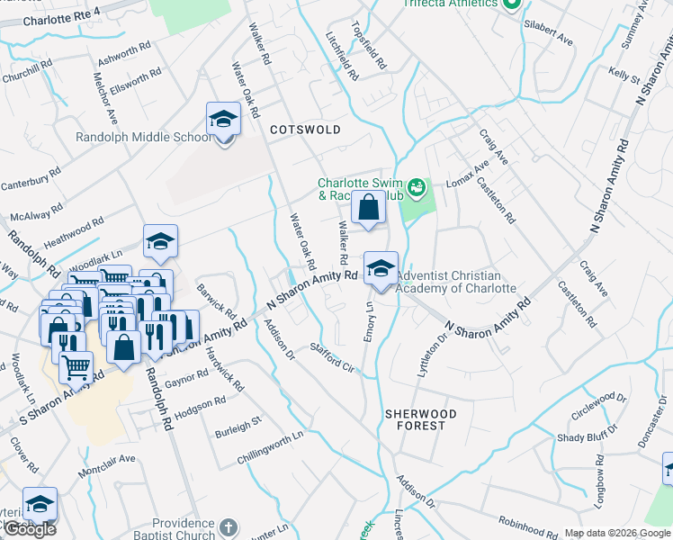 map of restaurants, bars, coffee shops, grocery stores, and more near in Charlotte