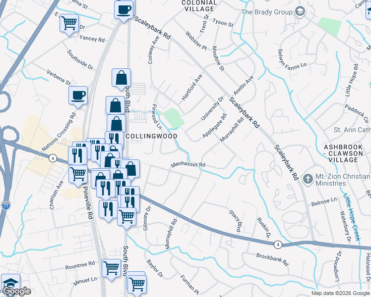 map of restaurants, bars, coffee shops, grocery stores, and more near 601 Kenlough Drive in Charlotte
