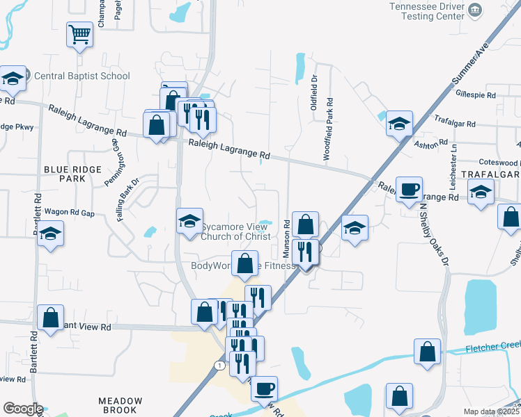 map of restaurants, bars, coffee shops, grocery stores, and more near 1965 Sycamore Heights Lane in Memphis