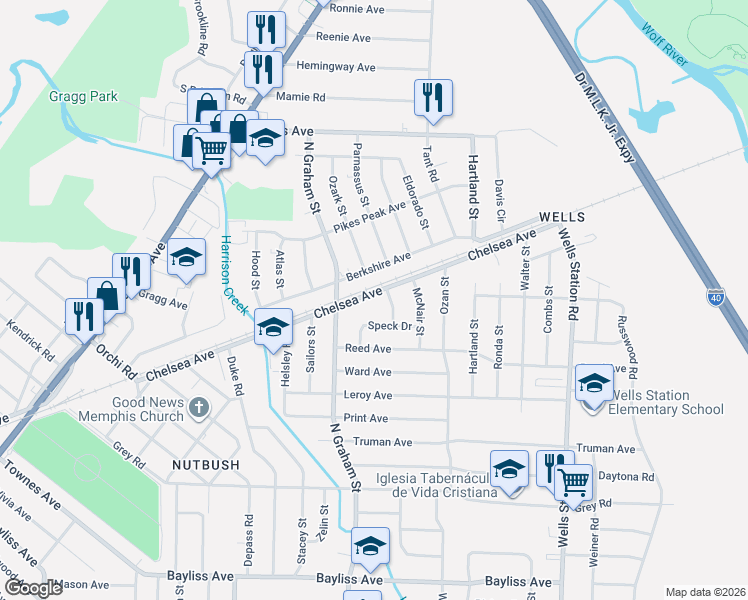 map of restaurants, bars, coffee shops, grocery stores, and more near 4047 Chelsea Avenue in Memphis