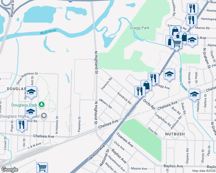 map of restaurants, bars, coffee shops, grocery stores, and more near 1739 Hanson Road in Memphis