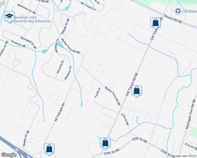 map of restaurants, bars, coffee shops, grocery stores, and more near 1255 Blythe Ferry Rd NE in Cleveland