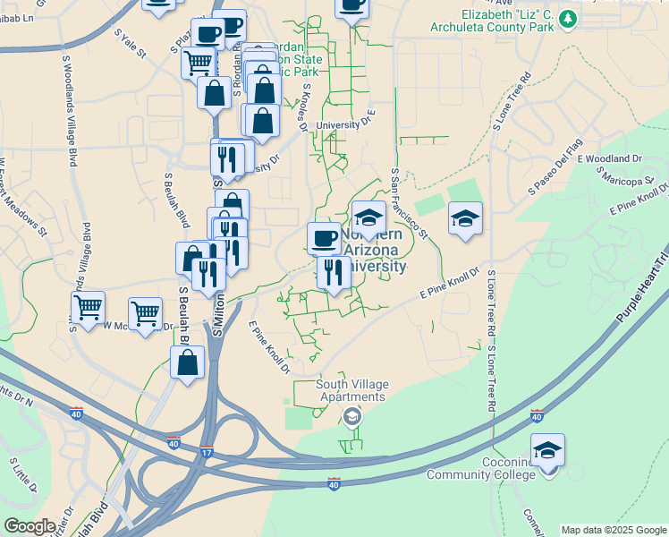 map of restaurants, bars, coffee shops, grocery stores, and more near 300 East McConnell Drive in Flagstaff