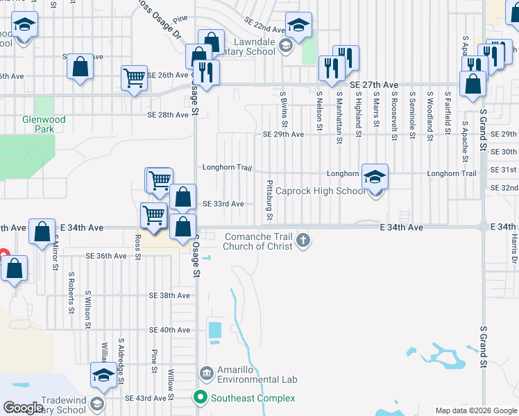 map of restaurants, bars, coffee shops, grocery stores, and more near 3119 South Philadelphia Street in Amarillo