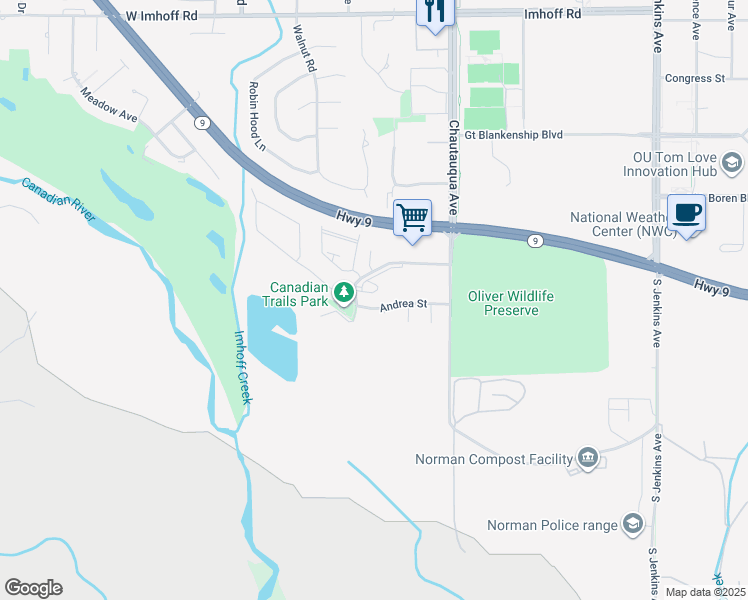 map of restaurants, bars, coffee shops, grocery stores, and more near 905 Andrea Street in Norman