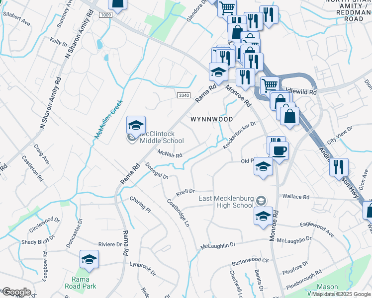 map of restaurants, bars, coffee shops, grocery stores, and more near 5919 McNair Road in Charlotte