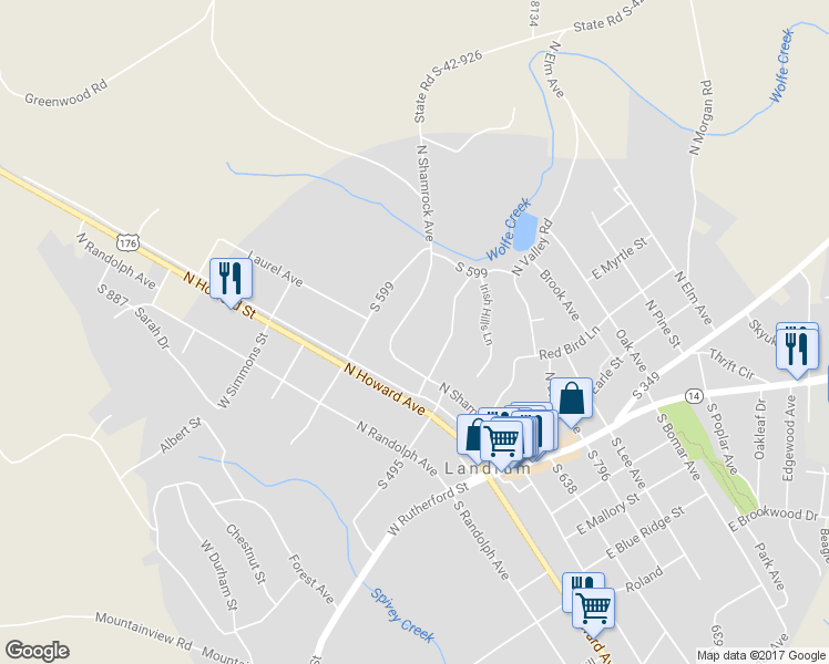 map of restaurants, bars, coffee shops, grocery stores, and more near 620 North Shamrock Avenue in Landrum