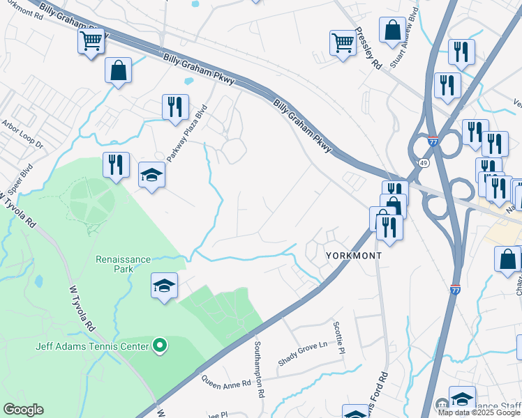 map of restaurants, bars, coffee shops, grocery stores, and more near 3945 Rockfern Road in Charlotte