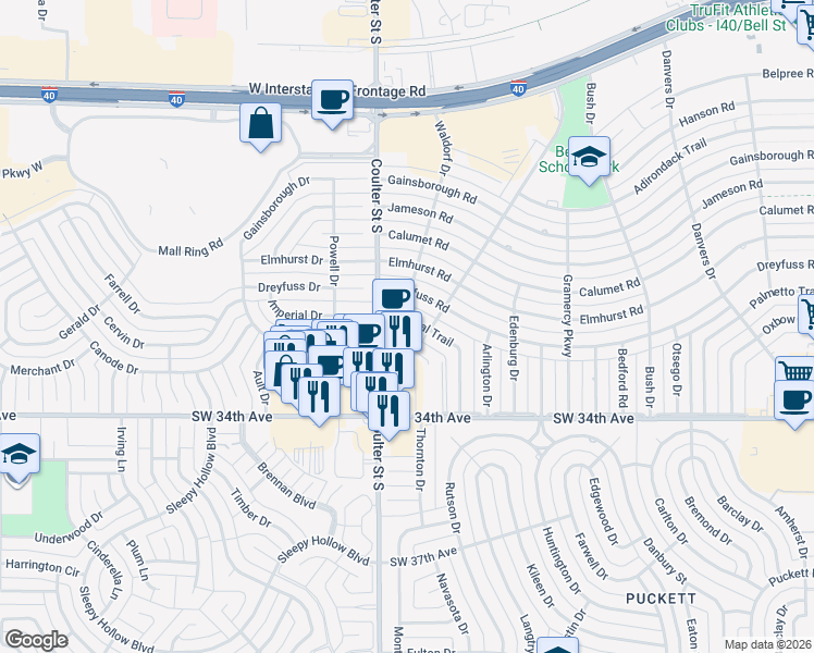 map of restaurants, bars, coffee shops, grocery stores, and more near 7107 Imperial Trail in Amarillo