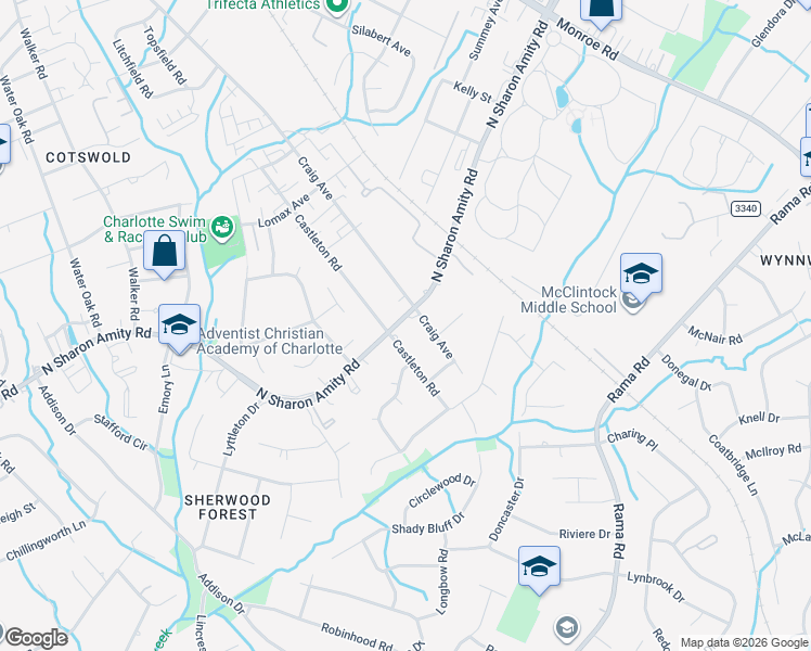 map of restaurants, bars, coffee shops, grocery stores, and more near 1312 North Sharon Amity Road in Charlotte
