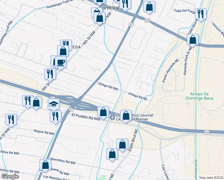map of restaurants, bars, coffee shops, grocery stores, and more near 118 Ortega Road Northwest in Albuquerque