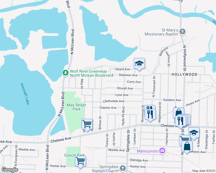 map of restaurants, bars, coffee shops, grocery stores, and more near 2112 Stovall Avenue in Memphis