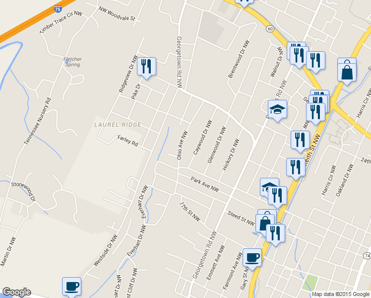 map of restaurants, bars, coffee shops, grocery stores, and more near 1890 Ohio Avenue Northwest in Cleveland