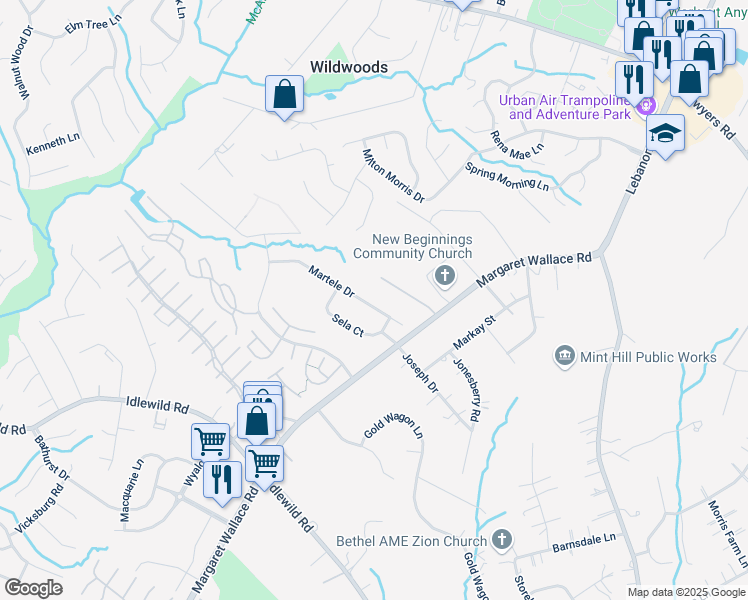 map of restaurants, bars, coffee shops, grocery stores, and more near 3724 Martele Drive in Mint Hill