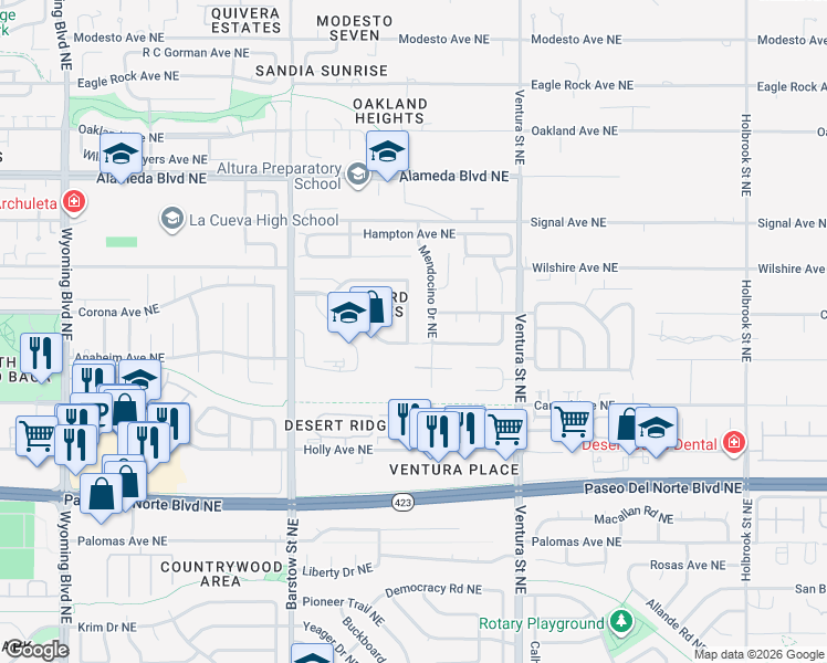map of restaurants, bars, coffee shops, grocery stores, and more near 8404 Sonoma Valley Drive Northeast in Albuquerque