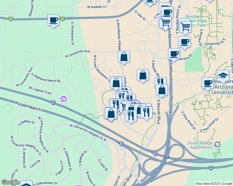 map of restaurants, bars, coffee shops, grocery stores, and more near 2325 South Woodlands Village Boulevard in Flagstaff