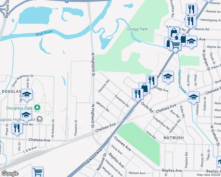 map of restaurants, bars, coffee shops, grocery stores, and more near 3550 Kendrick Road in Memphis
