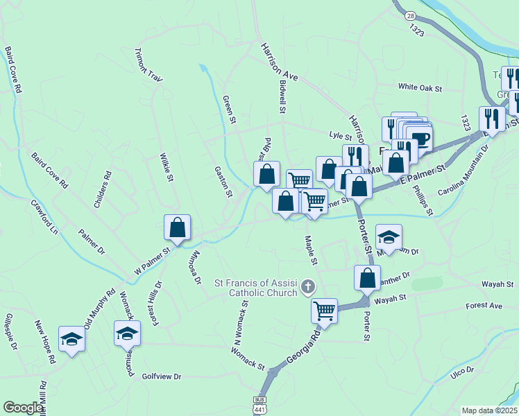 map of restaurants, bars, coffee shops, grocery stores, and more near 109 Memorial Circle in Franklin