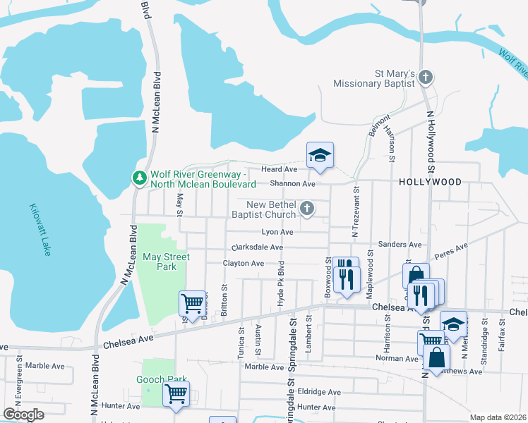 map of restaurants, bars, coffee shops, grocery stores, and more near 2160 Stovall Avenue in Memphis