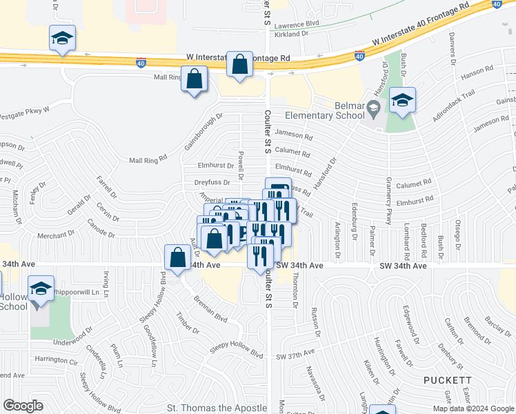 map of restaurants, bars, coffee shops, grocery stores, and more near 7303 Imperial Drive in Amarillo