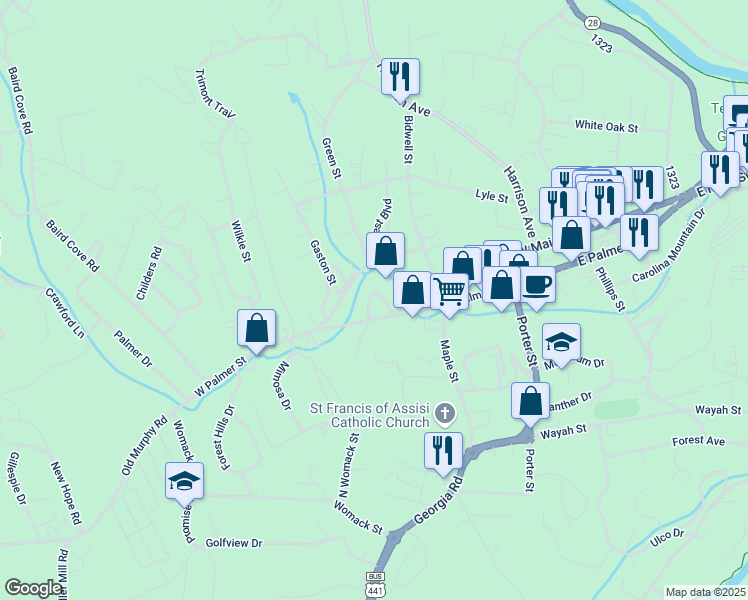 map of restaurants, bars, coffee shops, grocery stores, and more near 109 Memorial Circle in Franklin