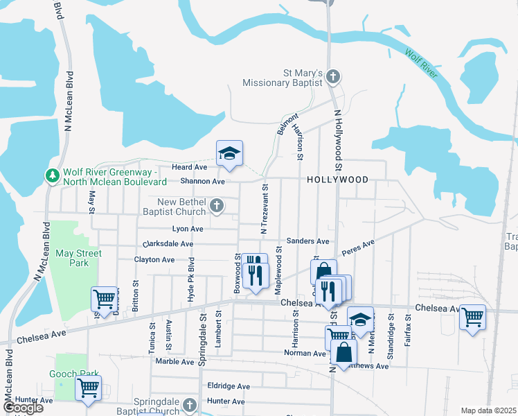 map of restaurants, bars, coffee shops, grocery stores, and more near 1583 North Trezevant Street in Memphis
