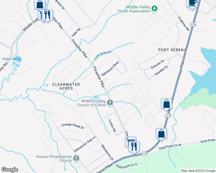 map of restaurants, bars, coffee shops, grocery stores, and more near 7725 Pinetree Lane in Middle Valley
