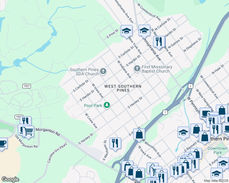 map of restaurants, bars, coffee shops, grocery stores, and more near 583 South Gaines Street in Southern Pines