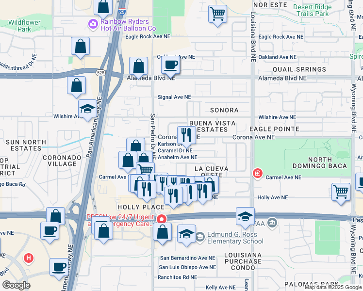 map of restaurants, bars, coffee shops, grocery stores, and more near 6502 Karlson Drive Northeast in Albuquerque