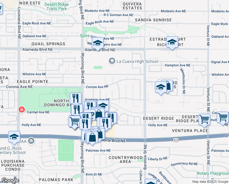 map of restaurants, bars, coffee shops, grocery stores, and more near 8420 Gordon Snidow Court Northeast in Albuquerque