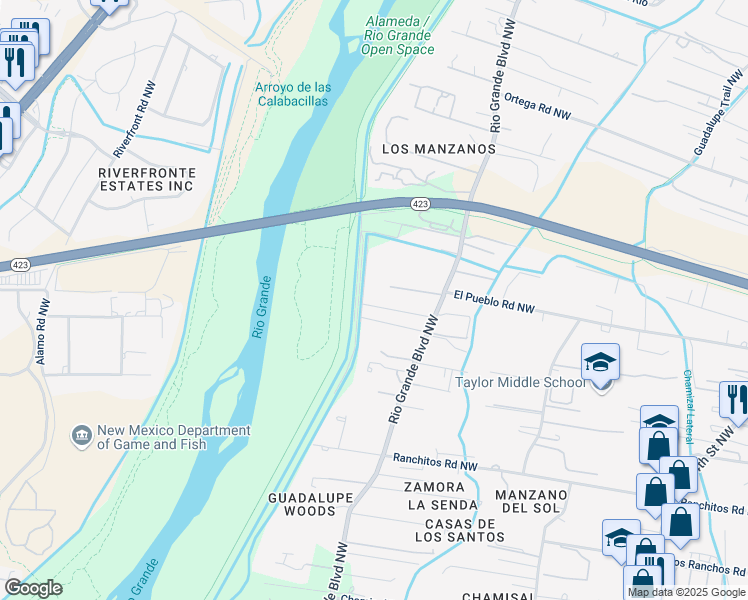 map of restaurants, bars, coffee shops, grocery stores, and more near 8407 Rio Grande Boulevard Northwest in Los Ranchos de Albuquerque