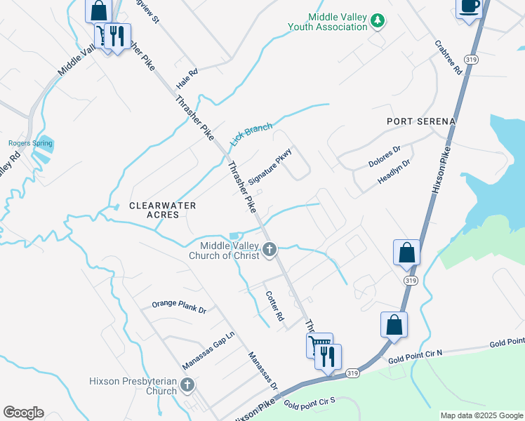 map of restaurants, bars, coffee shops, grocery stores, and more near 7725 Pinetree Lane in Middle Valley