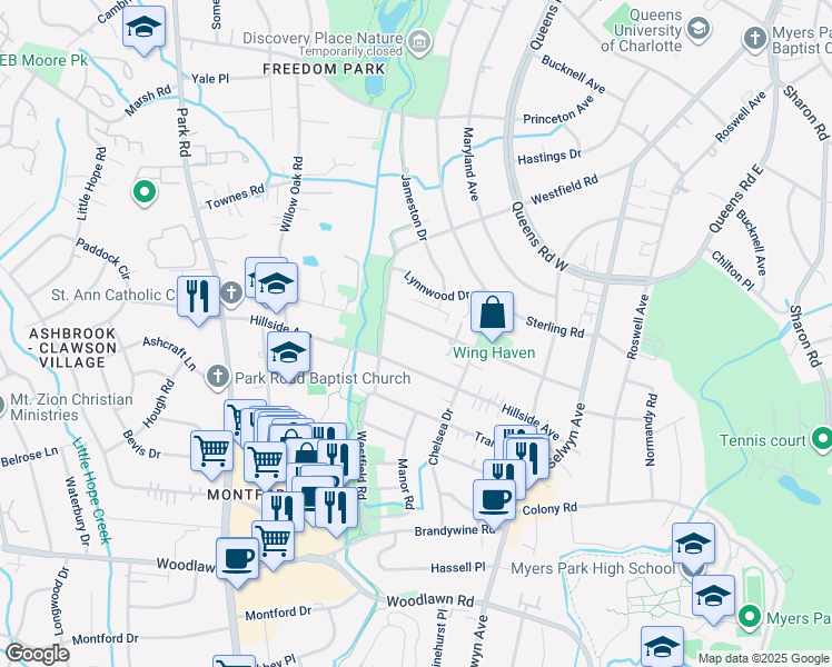 map of restaurants, bars, coffee shops, grocery stores, and more near 353 Ridgewood Avenue in Charlotte