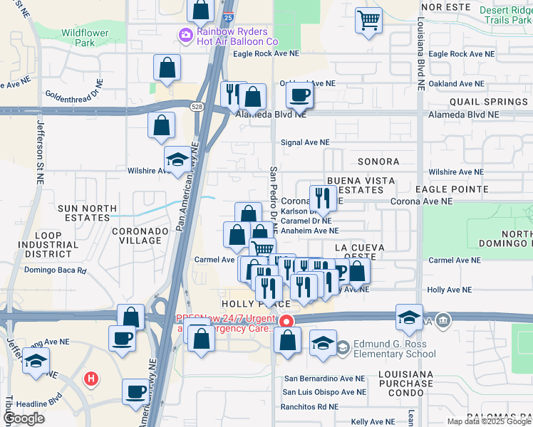 map of restaurants, bars, coffee shops, grocery stores, and more near 6302 Karlson Drive Northeast in Albuquerque