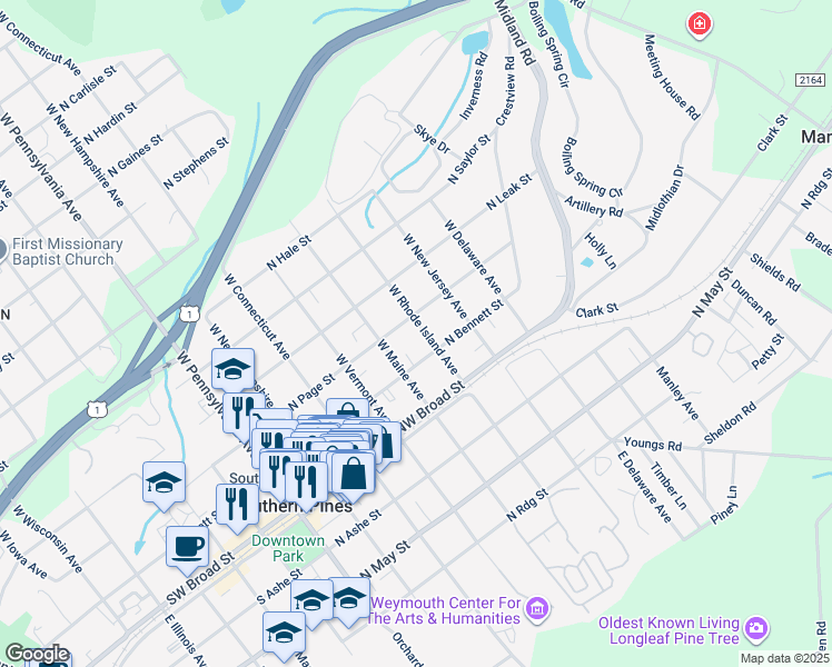 map of restaurants, bars, coffee shops, grocery stores, and more near 260 West Rhode Island Avenue in Southern Pines