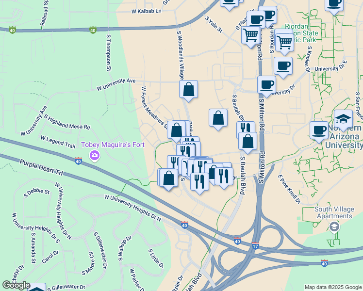map of restaurants, bars, coffee shops, grocery stores, and more near 2325 South Woodlands Village Boulevard in Flagstaff