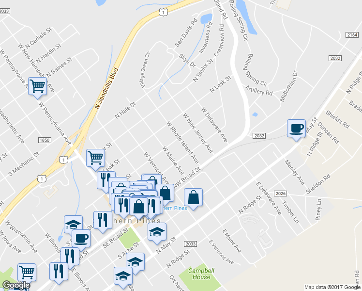 map of restaurants, bars, coffee shops, grocery stores, and more near 260 West Rhode Island Avenue in Southern Pines