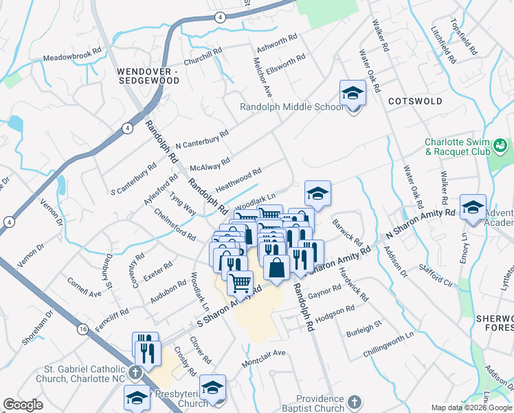 map of restaurants, bars, coffee shops, grocery stores, and more near 4435 Woodlark Ln in Charlotte