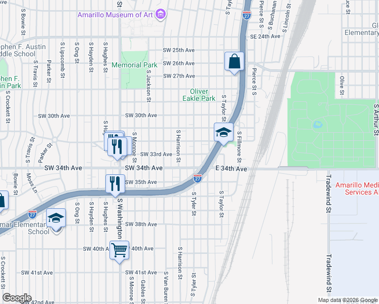 map of restaurants, bars, coffee shops, grocery stores, and more near 3208 South Tyler Street in Amarillo