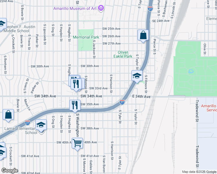 map of restaurants, bars, coffee shops, grocery stores, and more near 3208 South Harrison Street in Amarillo
