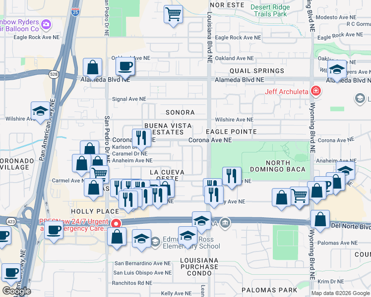 map of restaurants, bars, coffee shops, grocery stores, and more near 8423 Calle Soquelle Northeast in Albuquerque