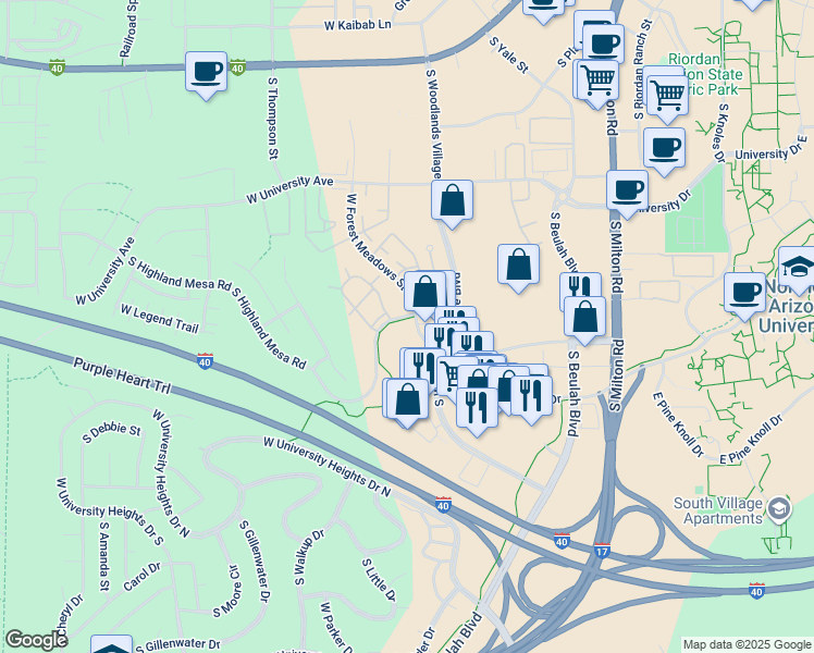 map of restaurants, bars, coffee shops, grocery stores, and more near 2325 South Woodlands Village Boulevard in Flagstaff
