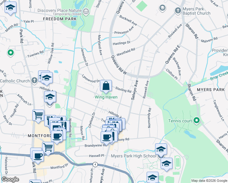 map of restaurants, bars, coffee shops, grocery stores, and more near 1956 Sterling Road in Charlotte