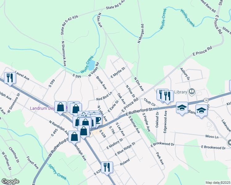 map of restaurants, bars, coffee shops, grocery stores, and more near 120 Jan Street in Landrum