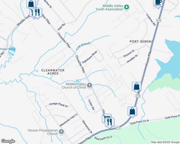 map of restaurants, bars, coffee shops, grocery stores, and more near 7752 Pinetree Lane in Middle Valley