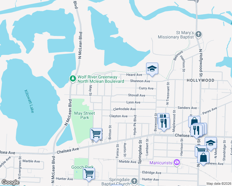 map of restaurants, bars, coffee shops, grocery stores, and more near 2112 Stovall Avenue in Memphis
